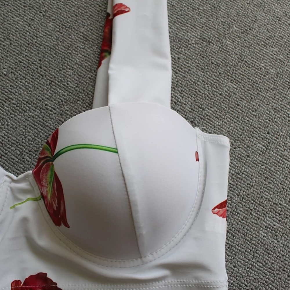 NWT L or XL white floral Spanish square neck hi waist - Picture 4 of 8
